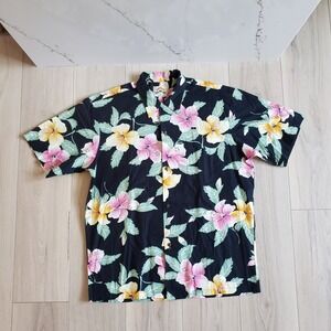 Pineapple Juice Shirt Mens L Floral Hawaiian Hibiscus Aloha Button Up USA Made